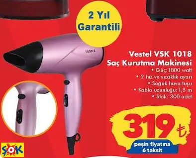 VESTEL VSK 1018 SAÇ KURUTMA MAKİNESİ VESTEL VSK 1018 SAÇ KURUTMA MAKİNESİ